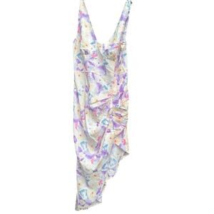 ZAFUL Draped Ruched Abstract Floral Underbust Thigh Split Midi Dress -size-6